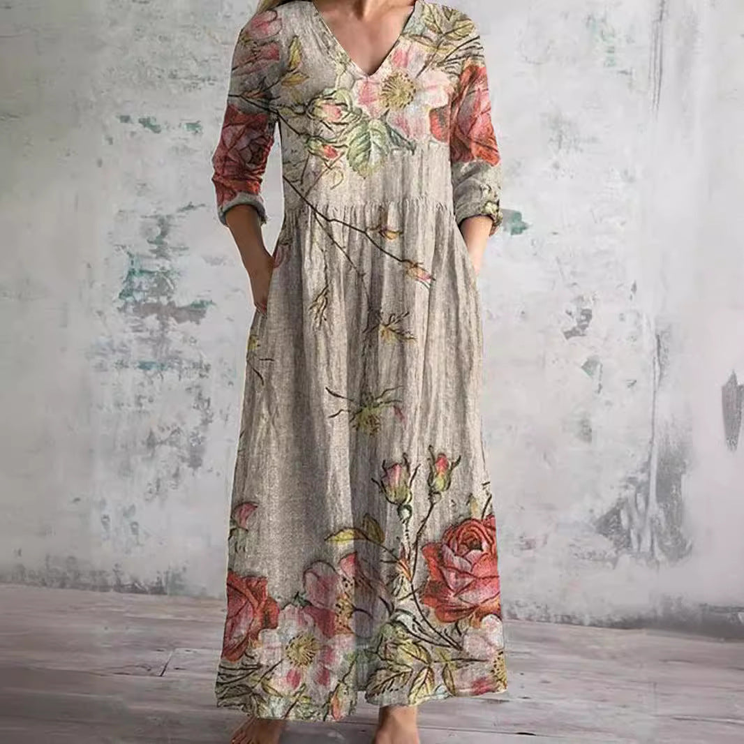 Damen Sommermaxikleid Blumenprint V-Ausschnitt Länge Langärmelig - Norvielle