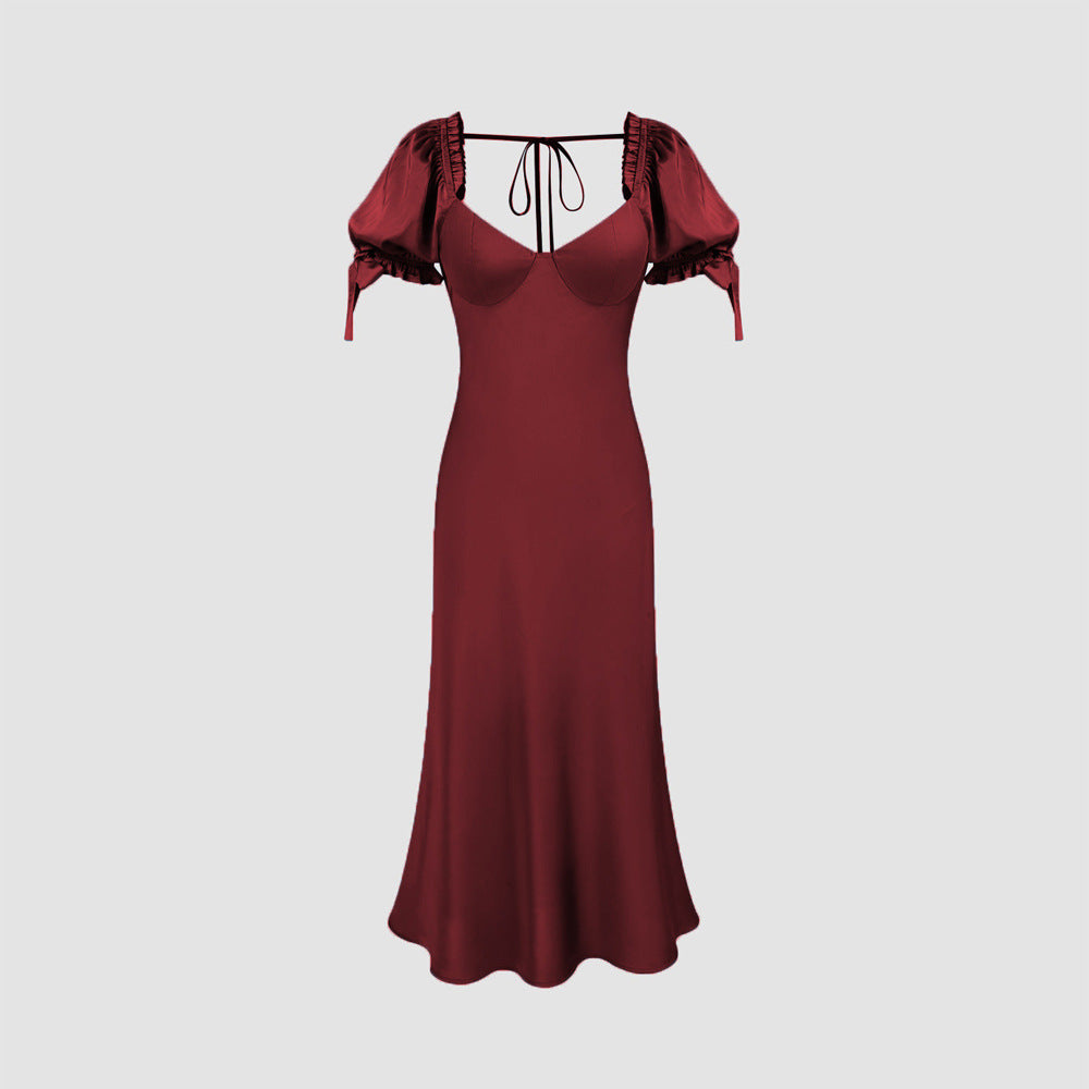 Damen Midi-Kleid mit Puffärmeln und V-Ausschnitt Norvielle