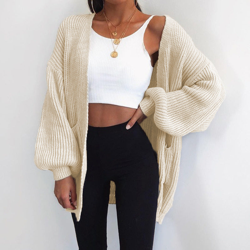 Damen Grobstrick-Cardigan Oversized Ärmel Praktische Taschen Beige