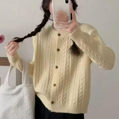 Damen Strickjacke Zopfmuster Dekorative Knöpfe Beige