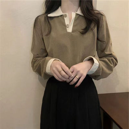 Damen Langarmshirt Strukturierter Rippoptik Klassischer Polokragen