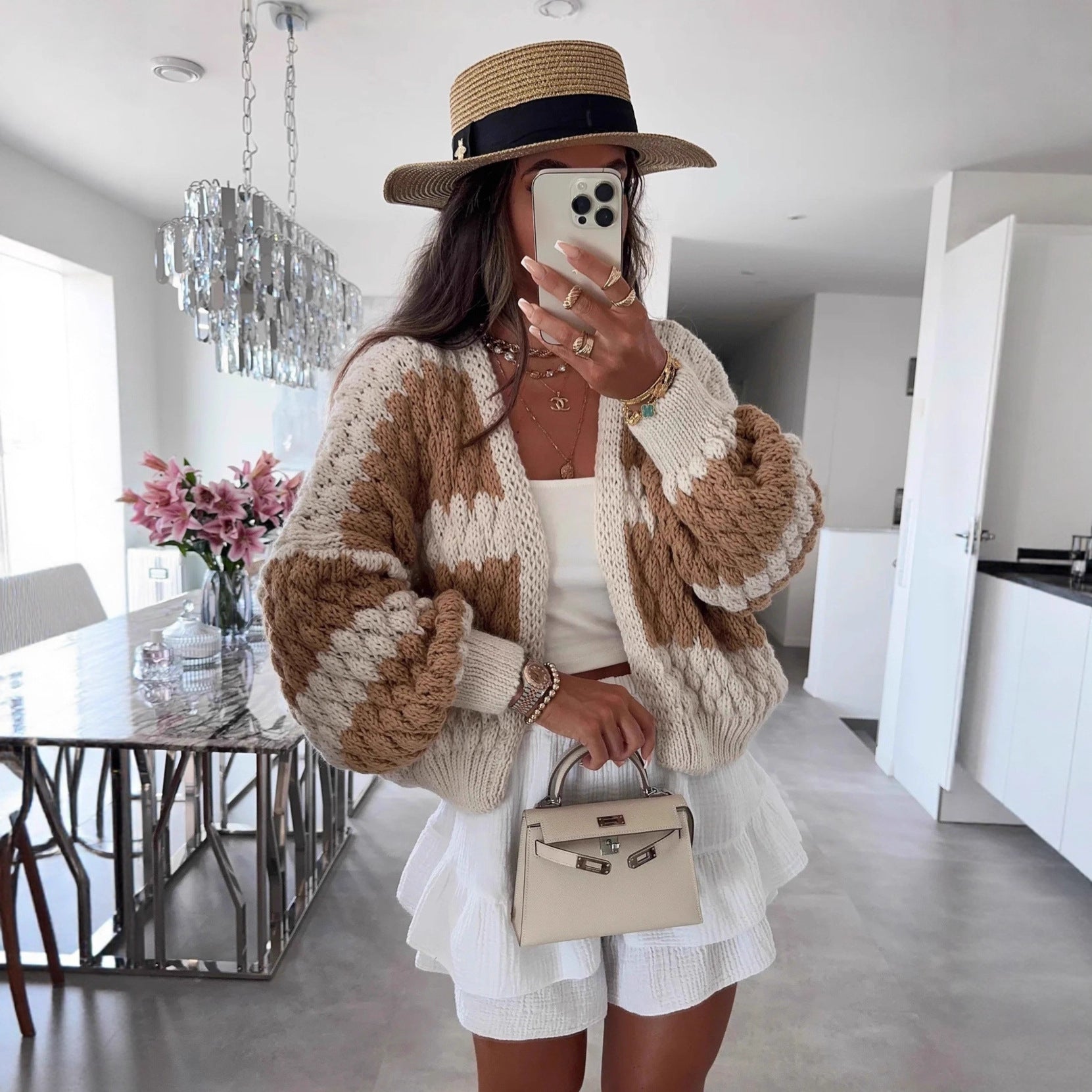 Damen Strickcardigan Oversized Zopfmuster Beige - Norvielle