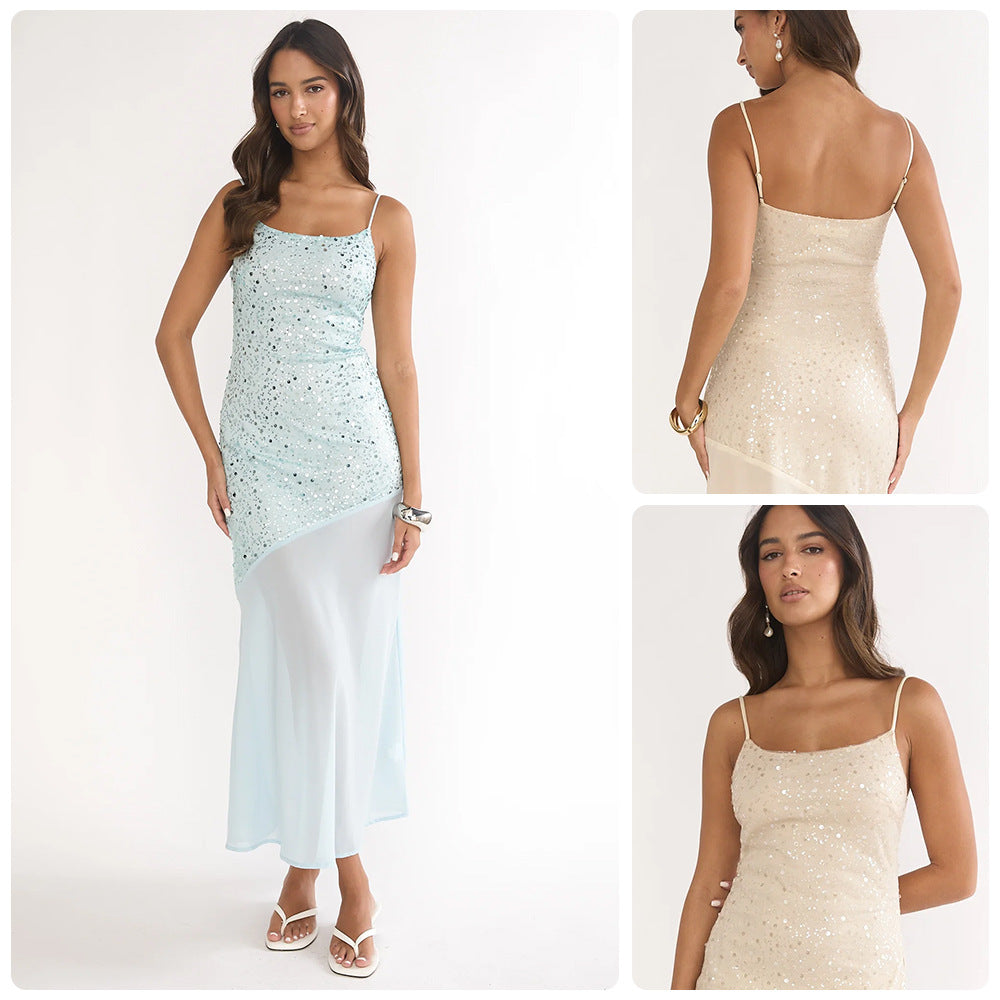 Damen Maxikleid Glitzernd Transparent Asymmetrisch Norvielle - Norvielle