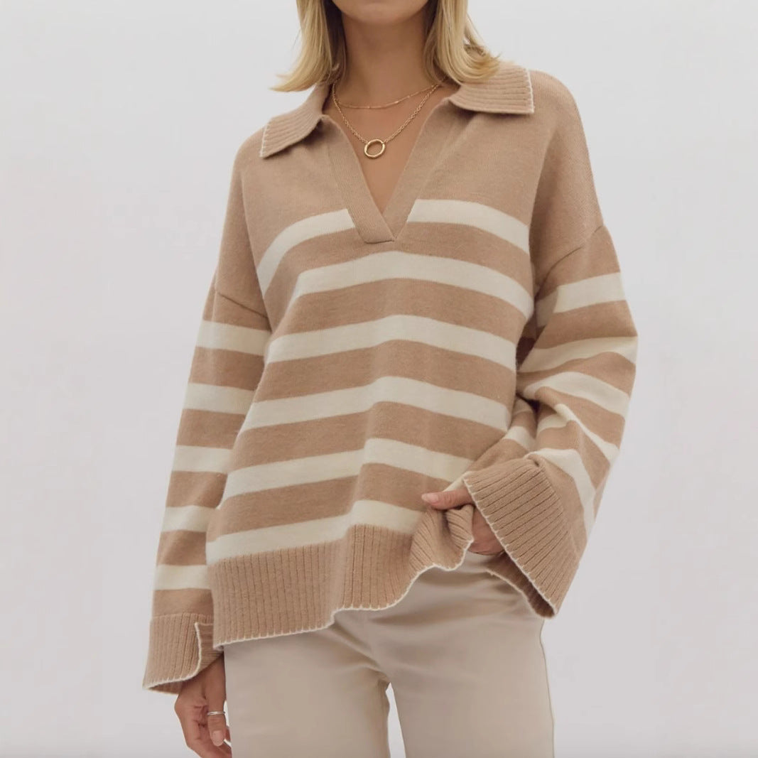 Damen Strickpullover V-Ausschnitt Breites Streifenmuster Norvielle