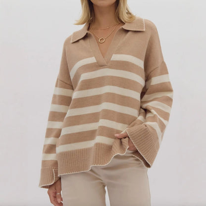 Damen Strickpullover V-Ausschnitt Breites Streifenmuster Norvielle