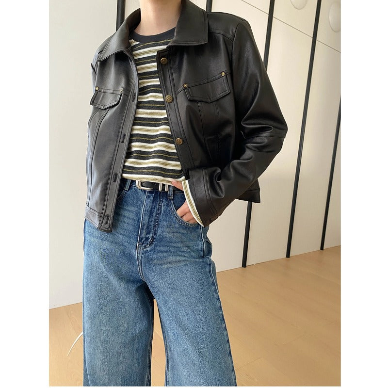Damen Kunstlederjacke Biker-Stil Doppelkragen