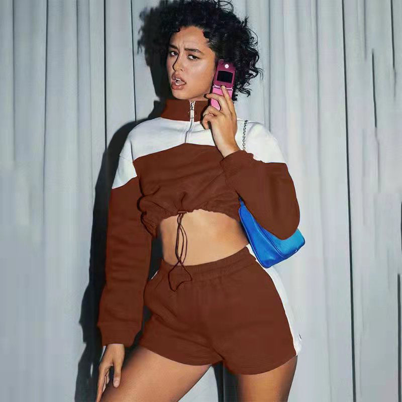 Damen Sportanzug Cropped Hochkragen Kordelzug