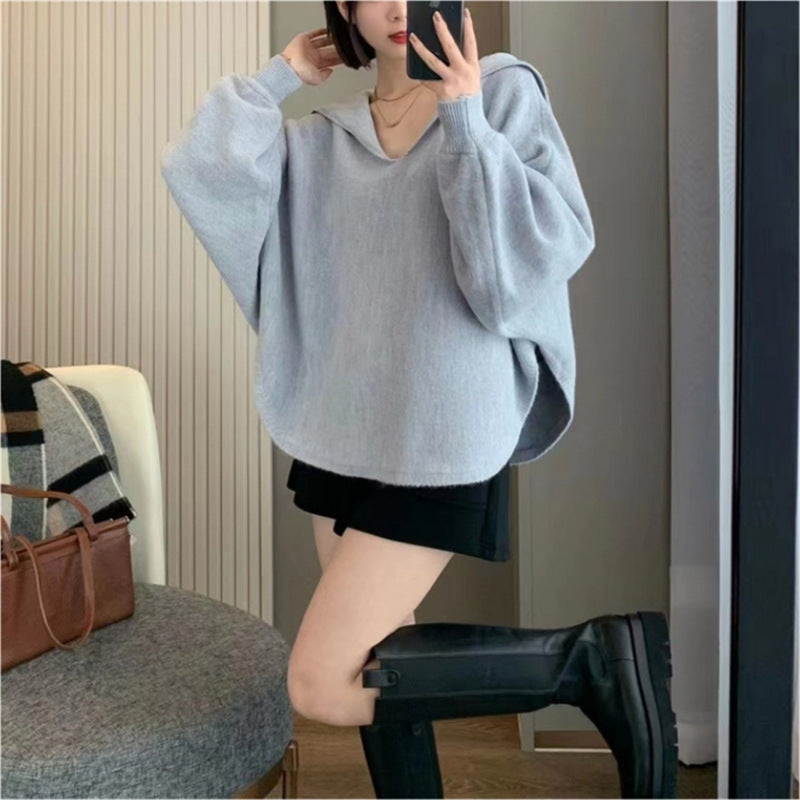 Damen Oversized Strickpullover Kapuze V-Ausschnitt Norvielle