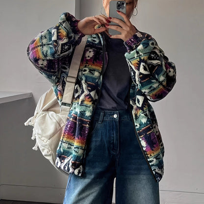 Damen Fleecejacke Bunt Ethno-Muster Weich Norvielle