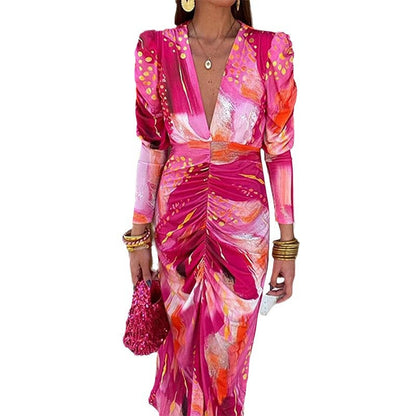 Damen Maxikleid mit Drapierung Puffärmel Norvielle