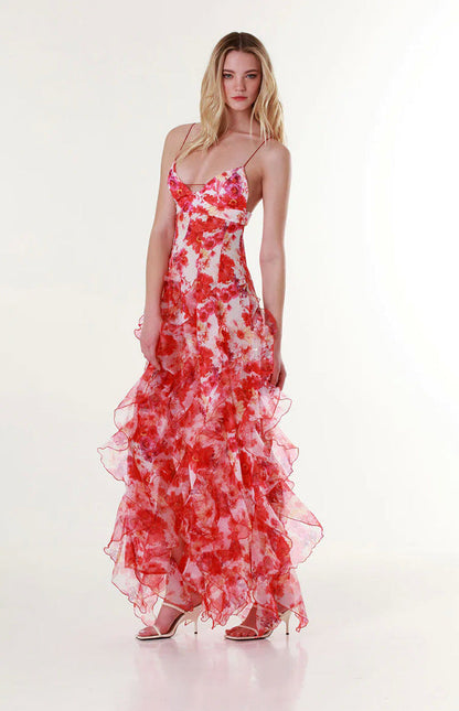 Damen Maxikleid Chiffon Rüschendetails Floralmuster Norvielle