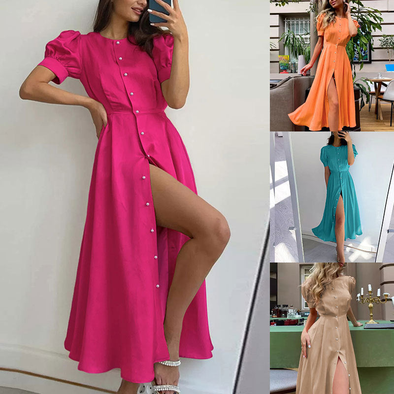 Damen Maxikleid mit Knöpfen und Seitenschlitz