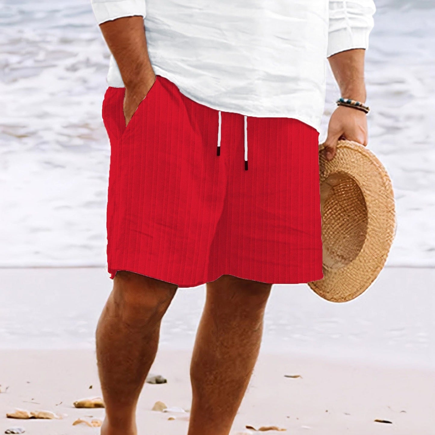 Herren Strandshorts Gestreift Kordelzug Locker Sitz Weiß