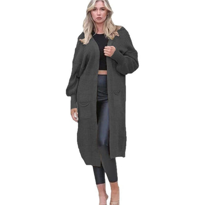 Damen Grobstrick Cardigan Offene Taschen Lässig Beige