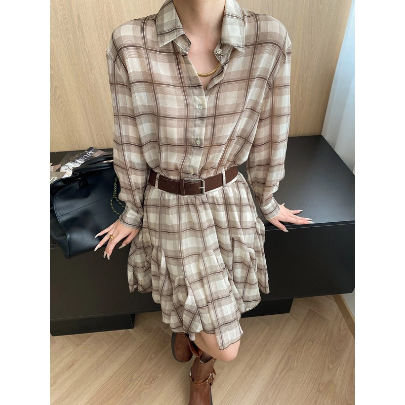 Damen Hemdblusenkleid Karomuster mit Gürtel Norvielle - Norvielle
