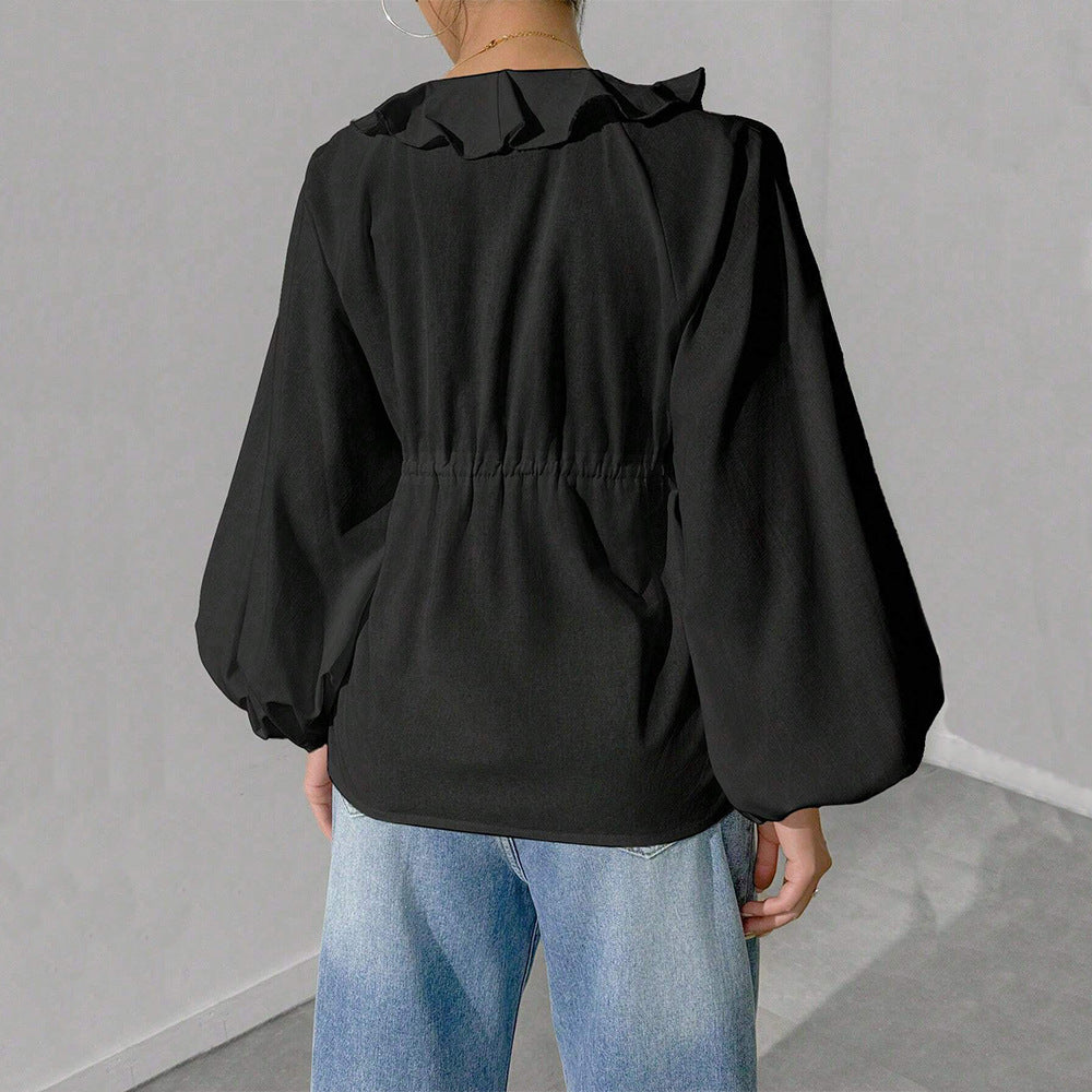 Damen Shirtjacke Blusenstyle Voluminöse Ärmel Rüschen Norvielle