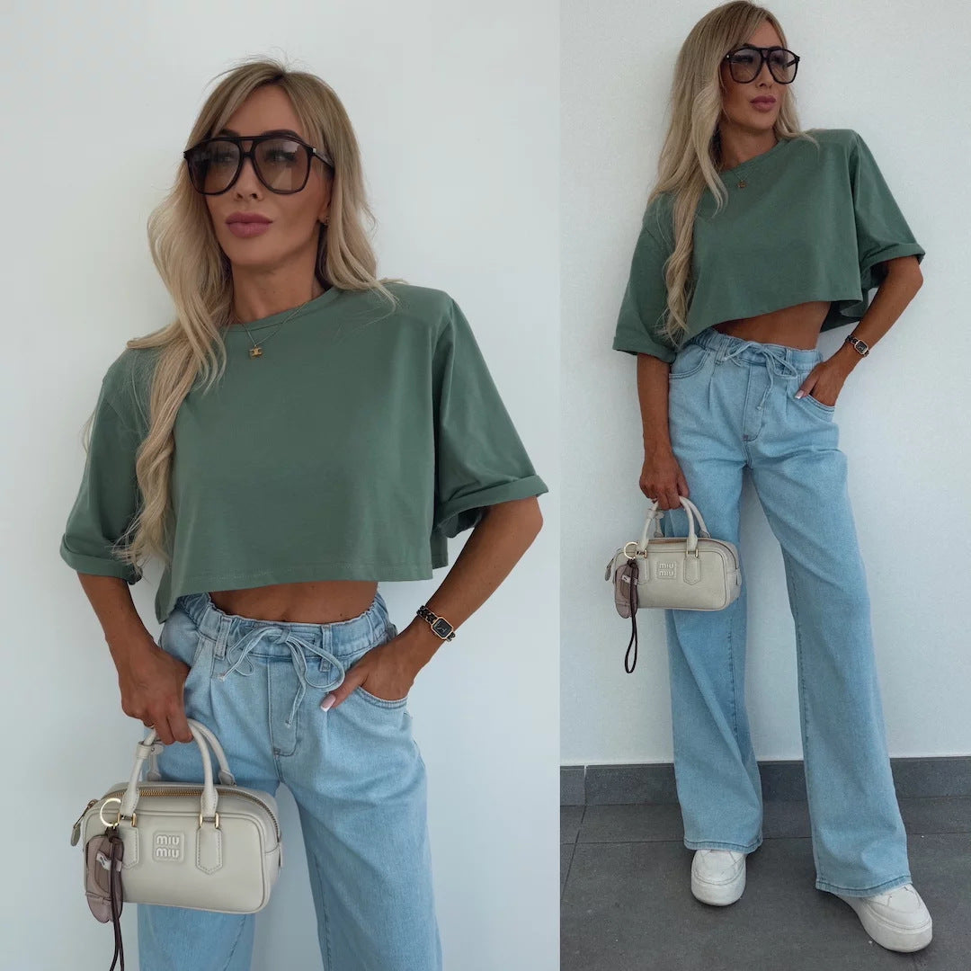 Damen T-Shirt Cropped Baumwolle Weite Ärmel Beige