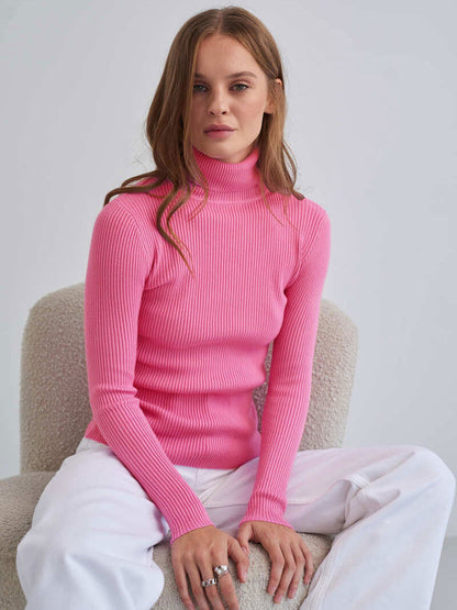 Damen Pullover Lang mit hohem Kragen und Rippenstruktur Norvielle