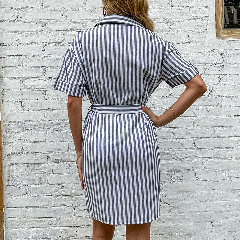 Damen Hemdblusenkleid mit Gürtel Streifenmuster