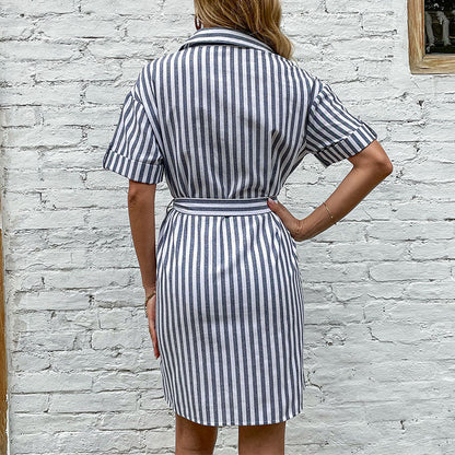 Damen Hemdblusenkleid mit Gürtel Streifenmuster