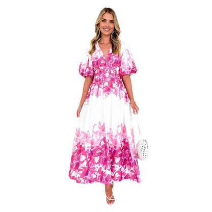 Damen Maxikleid Voluminöse Puffärmel Florales Design