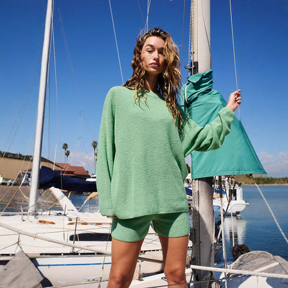 Damen Oversized Strick-Set Pullover und kurze Hosen