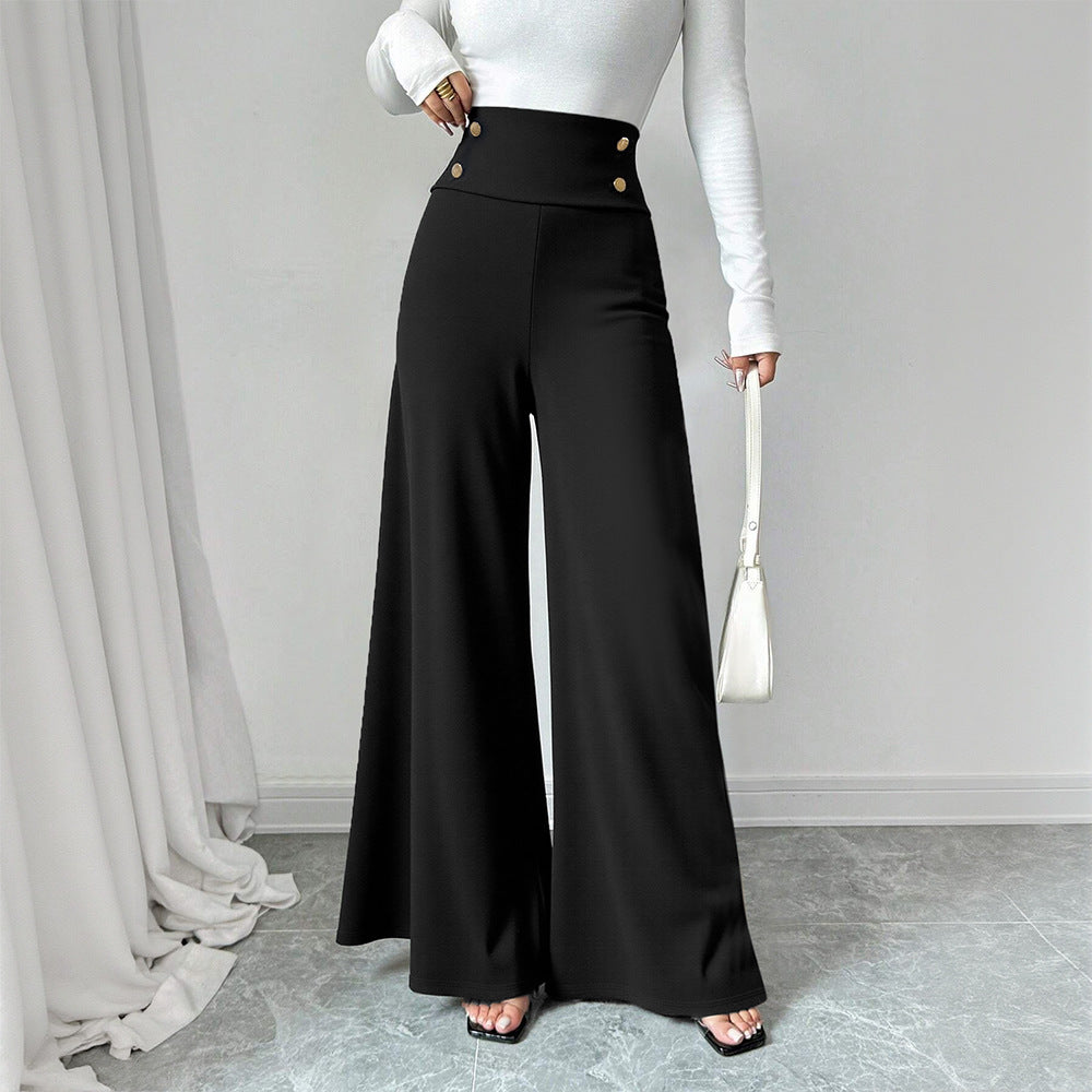 Damen Palazzo-Hose Hochtailliert Dekorative Knöpfe Schwarz - Norvielle