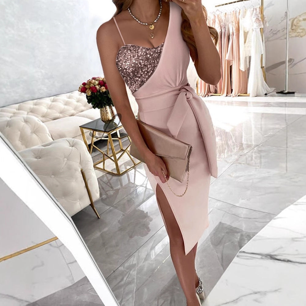 Damen Cocktailkleid Schimmer Oberteil Wickelgürtel Norvielle - Norvielle