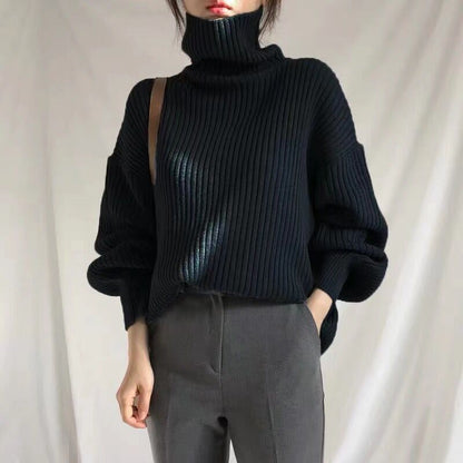 Damen Grobstrickpullover Hoher Kragen Voluminöse Ärmel Norvielle