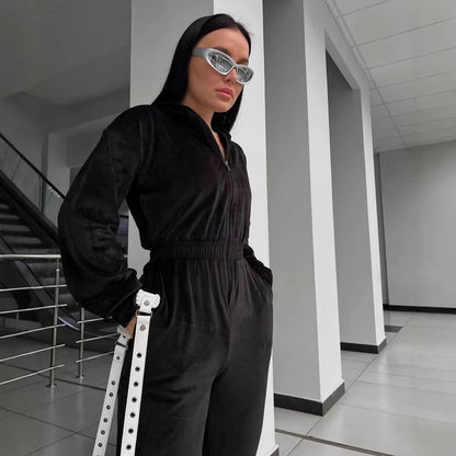 Damen Fleece-Overall Reißverschluss Kapuze Norvielle