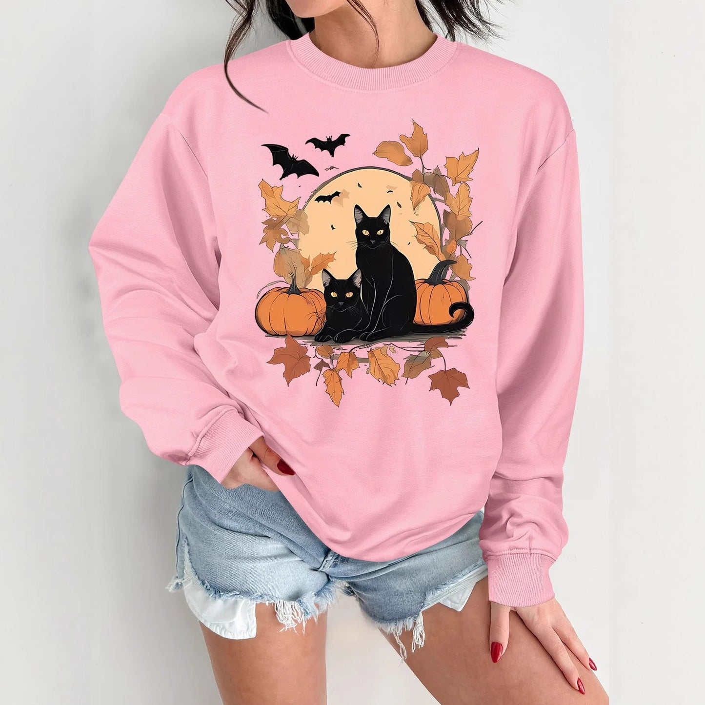 Damen Sweatshirt Herbstlich Katzen Kürbis Design Norvielle