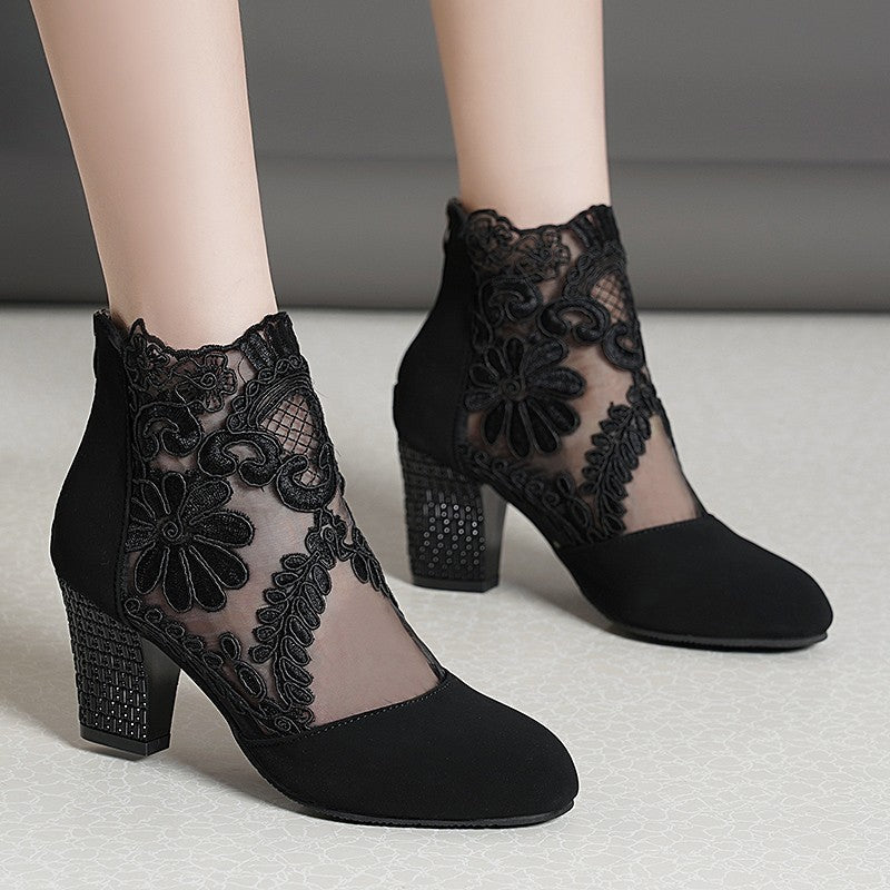 Damen Schnürstiefeletten Norvielle Florale Spitze Blockabsatz - Norvielle