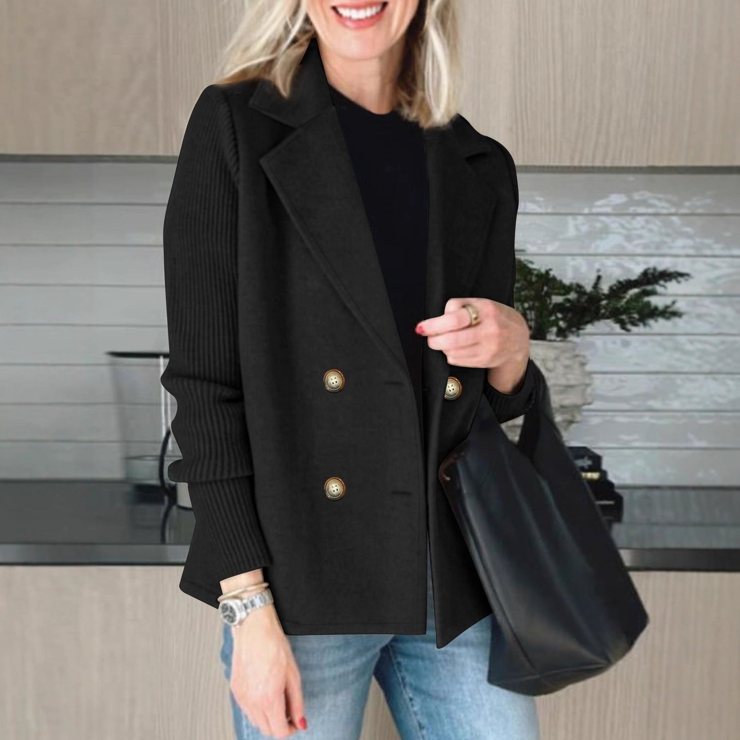 Damen Oversized Blazer Doppelter Knopfleiste Strukturierte Ärmel