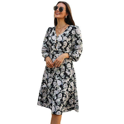 Damen Blumenkleid Rüschendetails Knopfleiste Norvielle