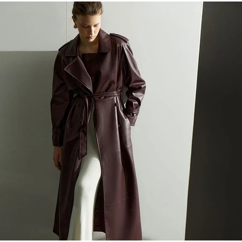 Damen Trenchcoat Kunstleder Mit Gürtel