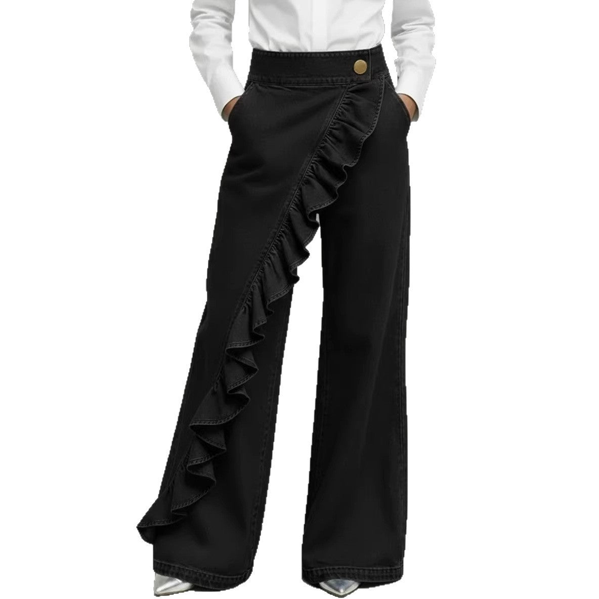 Damen Weite Jeanshose Rüschendetail