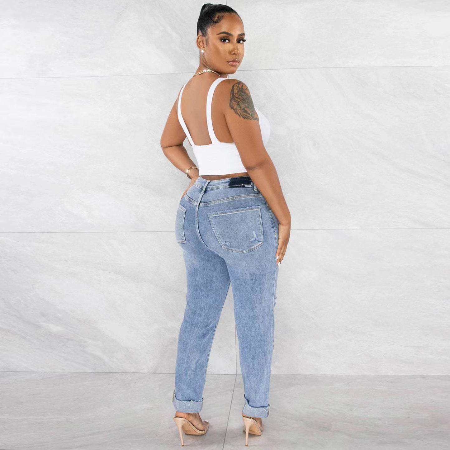 Damen Boyfriend Jeans Ripped Hochwertiger Stoff