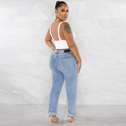Damen Boyfriend Jeans Ripped Hochwertiger Stoff