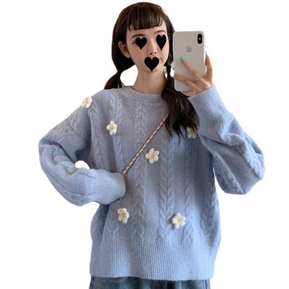 Damen Grobstrickpullover Blumenapplikationen Norvielle