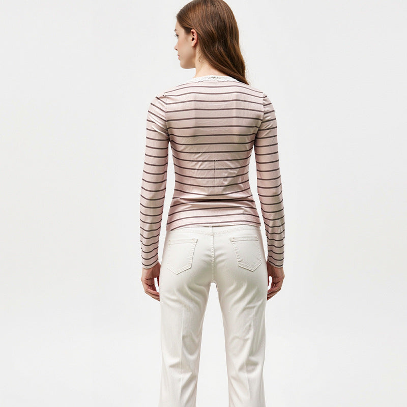 Damen Langarmshirt Gestreift Rüschen Details Weiß