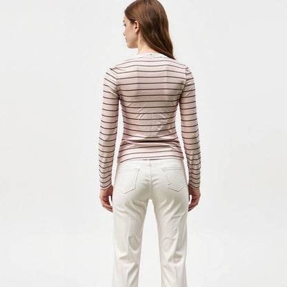 Damen Langarmshirt Gestreift Rüschen Details Weiß