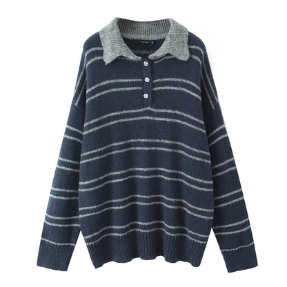 Damen Pullover Kontrastkragen Modern Streifen