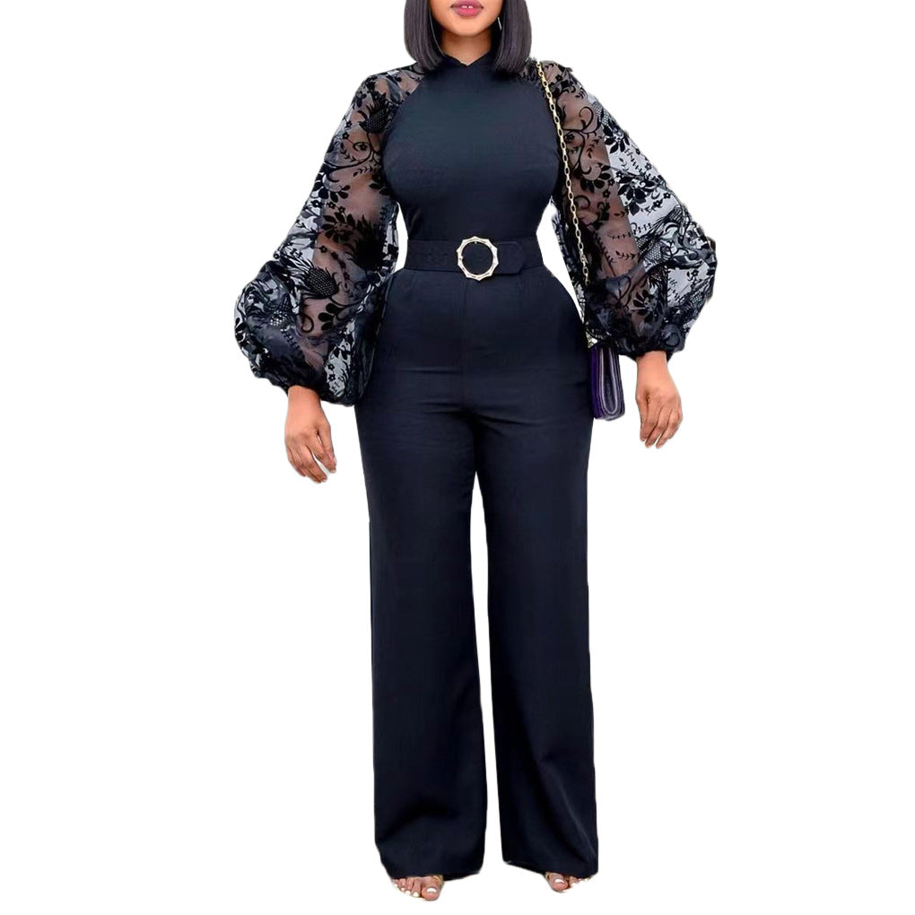 Damen Jumpsuit Puffärmel Taillengürtel Elegant