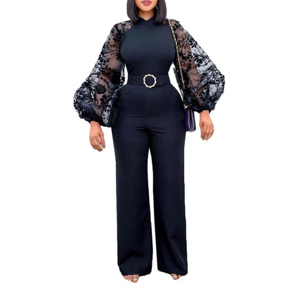 Damen Jumpsuit Puffärmel Taillengürtel Elegant