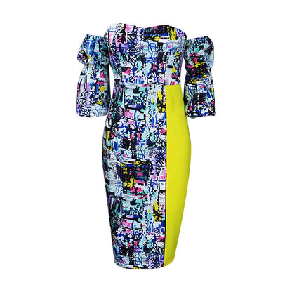 Damen Off-Shoulder-Kleid Weite Ärmel Graffitimuster