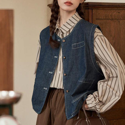 Damen Denimweste Knopfverschluss Taschen Blau - Norvielle