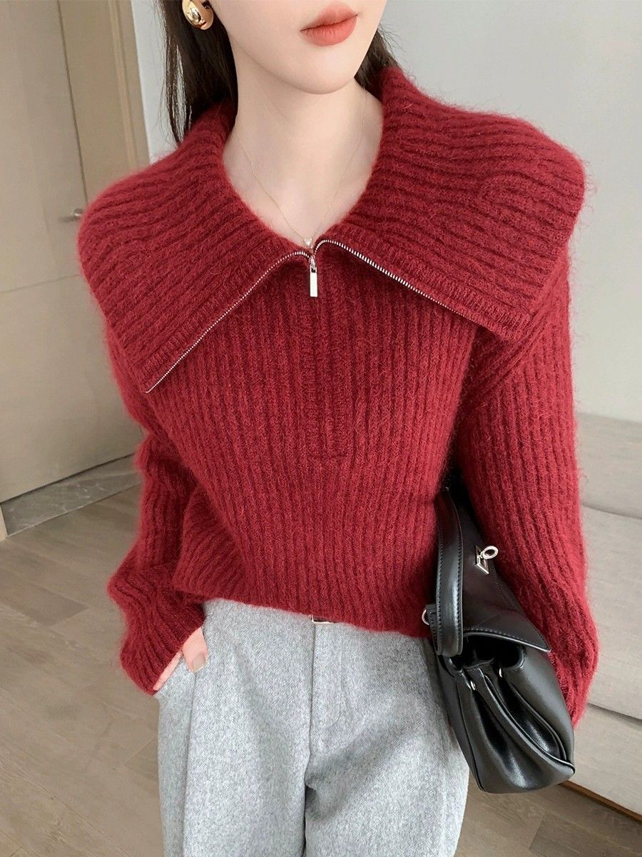 Damen Strickpullover Großer Kragen Reißverschluss Norvielle