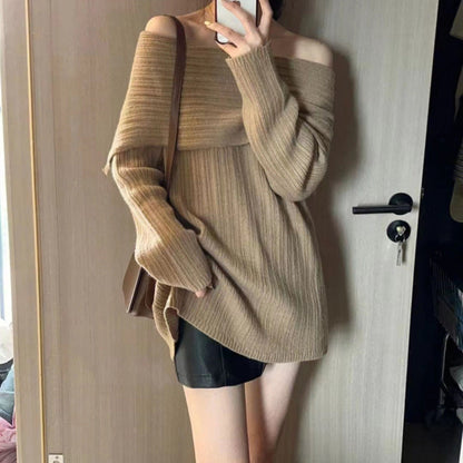 Damen Oversized Pullover Off-Shoulder Rippstruktur Beige