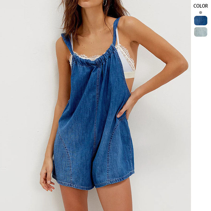 Damen Denim-Shortoverall Geraffter Ausschnitt Seitentaschen Blau - Norvielle