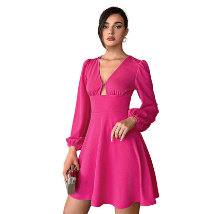Damen Minikleid V-Ausschnitt Puffärmel Norvielle